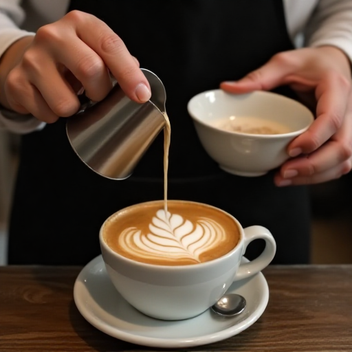 Barista carefully pouring latte art in the shape of a mountain with rustic coffee shop interior